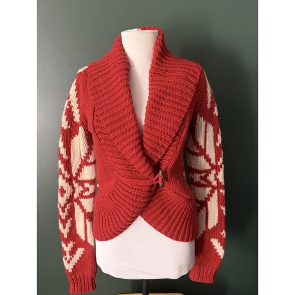 American Eagle Outfitters Sweaters - American Eagle Y2K Cardigan Womens Size M Red Snowflake Fair Isle Chunky Knit
